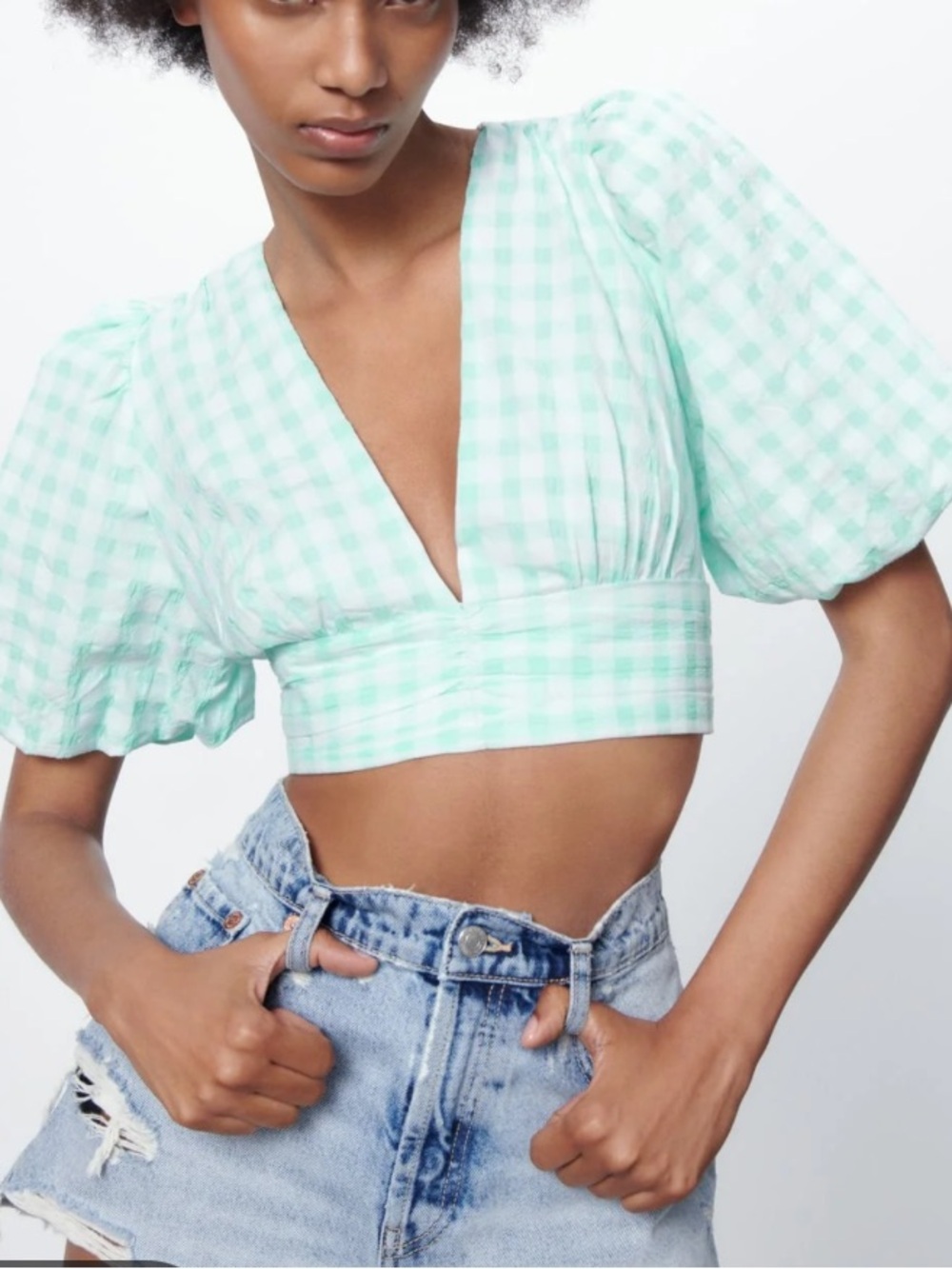 Zara Mint and White Gingham Tie-Front Puff Sleeve Crop Top